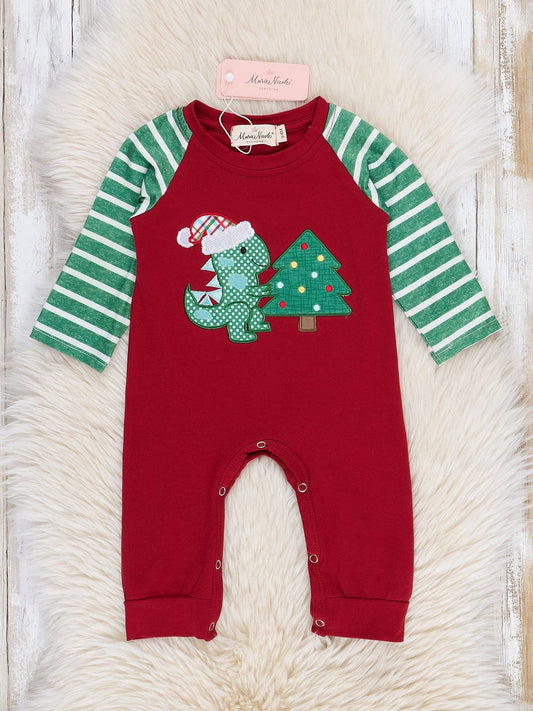 Christmas Dino Striped Raglan Romper